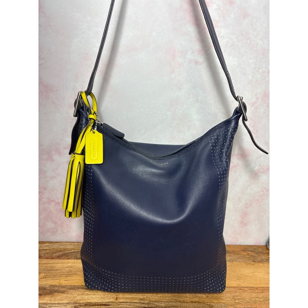 Coach Legacy Perforated Leather Duffle Bag Style #22762 Navy / Bright Citrine
